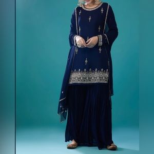 Navy Blue Embroidered Sharara Set In Chiffon